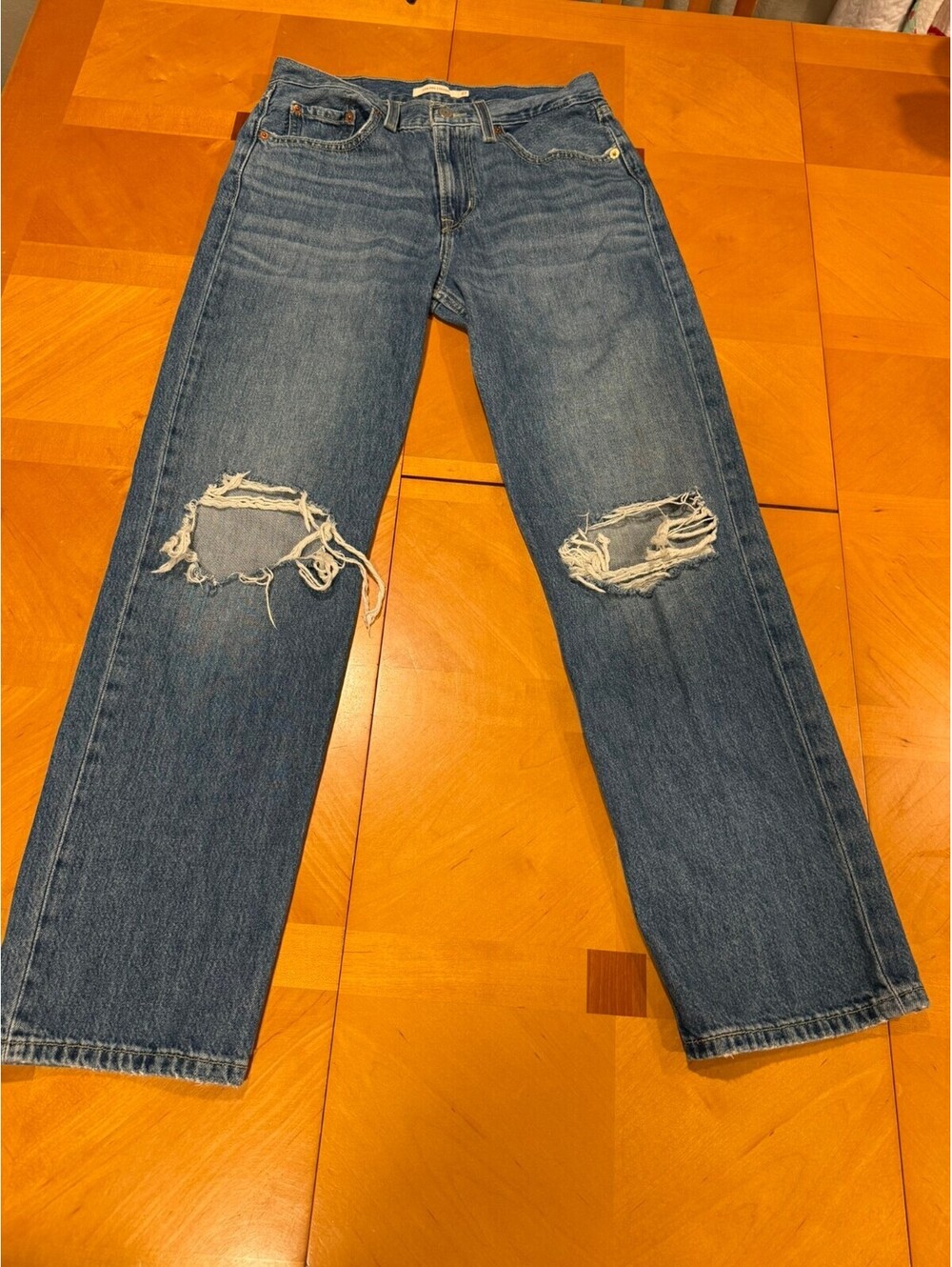 Levi's 501 Low Pro Straight Jeans Women's 27 Distressed Ripped Knee Blue Denim